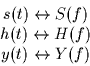 \begin{displaymath}
\begin{array}
{c}
s(t) \leftrightarrow S(f) \\ h(t) \leftrightarrow H(f) \\ y(t) \leftrightarrow Y(f)\end{array}\end{displaymath}
