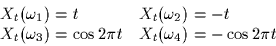 \begin{displaymath}
\begin{array}
{ll}
X_t(\omega_1) = t & X_t(\omega_2) = -t \\...
...ega_3) = \cos 2\pi t & X_t(\omega_4) = -\cos 2 \pi t\end{array}\end{displaymath}